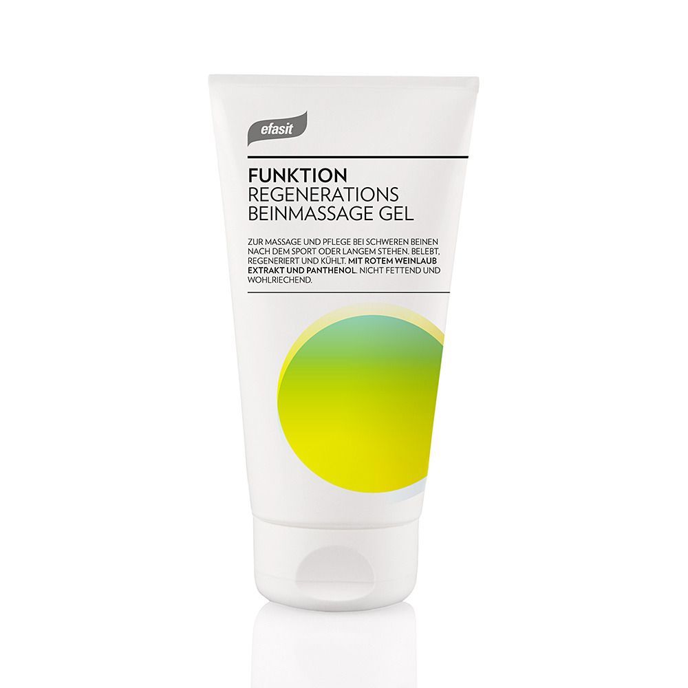 Weisse Tube mit "efasit Funktion Regenerations Beinmassage Gel"-Aufdruck. Gelbe und grüne Farbflächen.