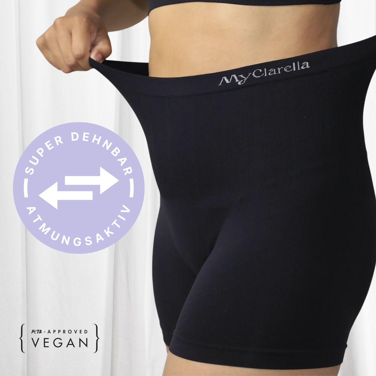 Schwarze Unterhose, hoher Bund, Logo MyClarella. Text: Super dehnbar, atmungsaktiv, vegan.