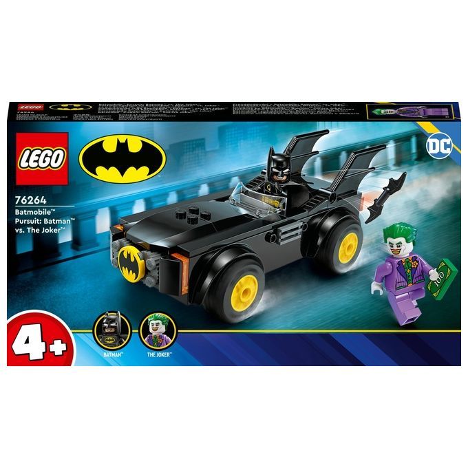 LEGO DC 76264 Inseguimento sulla Batmobile: Batman contro il Joker. La confezione mostra la Batmobile e due minifigure: Batman e il Joker. Il set è adatto a bambini dai 4 anni in su. La Batmobile è nera con ruote gialle e ali di pipistrello.