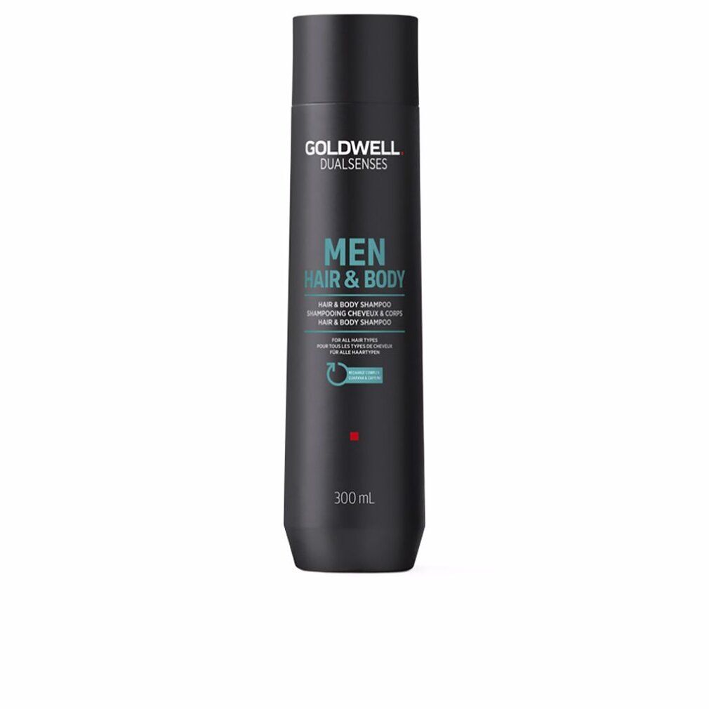 Schwarze Flasche Goldwell Dual Senses Men Hair & Body Shampoo. Text in Weiß und Türkis. 300 ml.