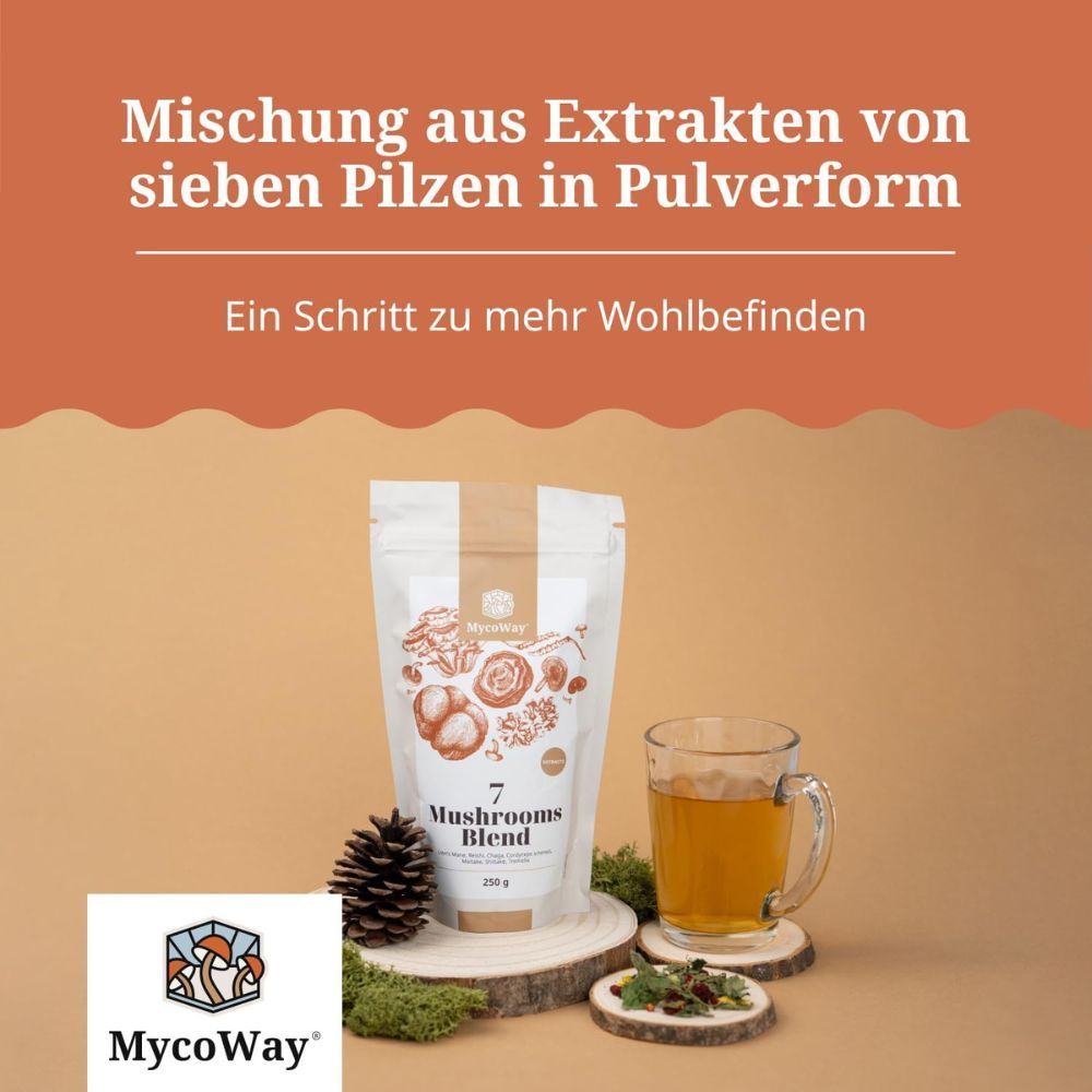 Produktverpackung, Tasse Tee, Zapfen, Holzscheiben. Text: Mischung aus Extrakten von sieben Pilzen in Pulverform.