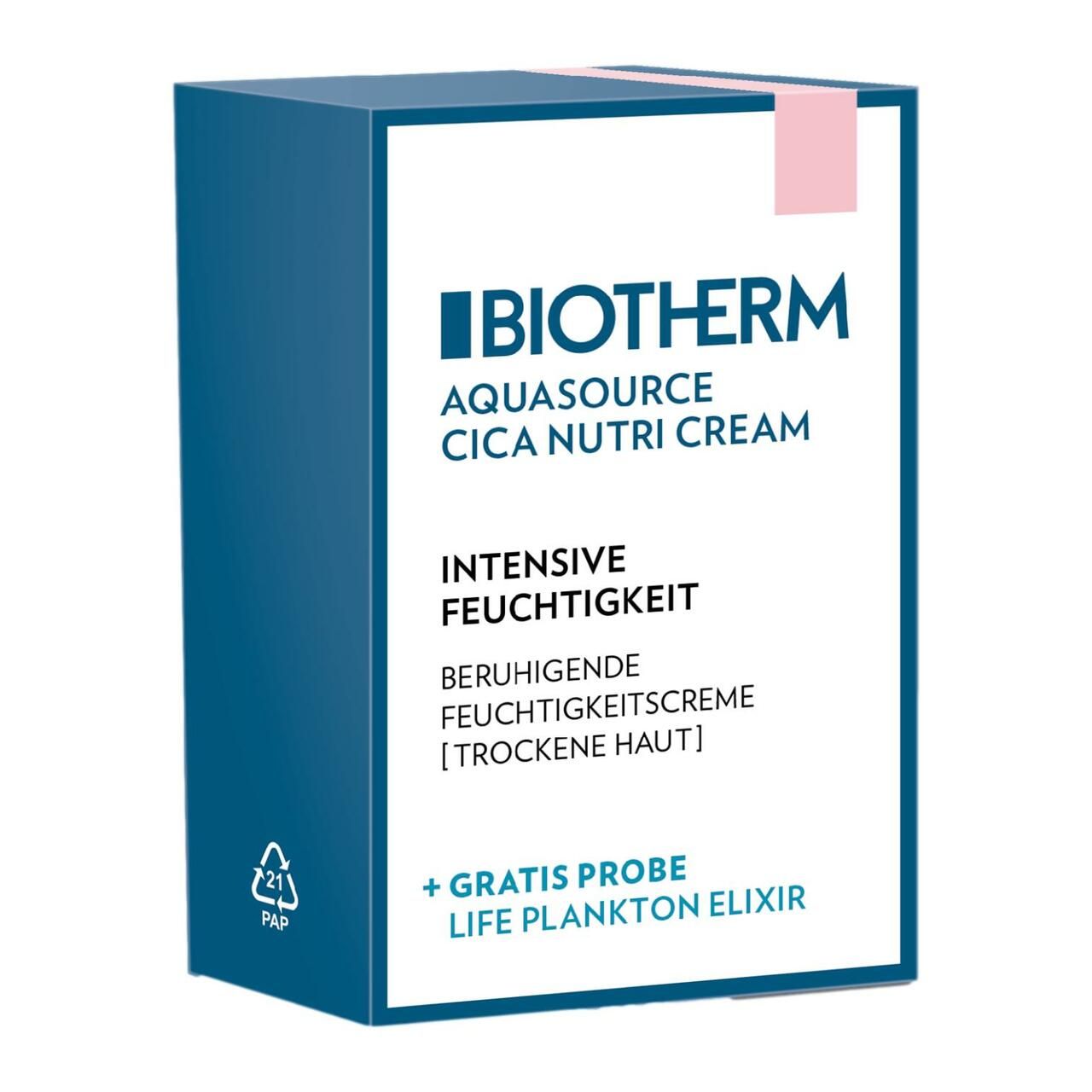 Blau-weiße Produktverpackung. BIOTHERM, Aquasource Cica Nutri Cream. Text: Intensive Feuchtigkeit, beruhigende Feuchtigkeitscreme, + Gratis Probe Life Plankton Elixir.