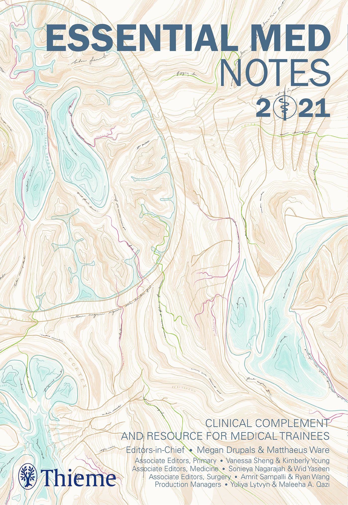 Buchcover mit dem Titel "Essential Med Notes 2021". Aufschrift in Blau, Hintergrund mit Kartenmuster. Verlag Thieme.