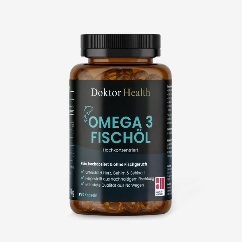 Braune Flasche Omega-3 Fischöl. Schwarzer Deckel, gelbe Kapseln. Text: Doktor Health, Omega 3 Fischöl. Hochkonzentriert. 90 Kapseln.