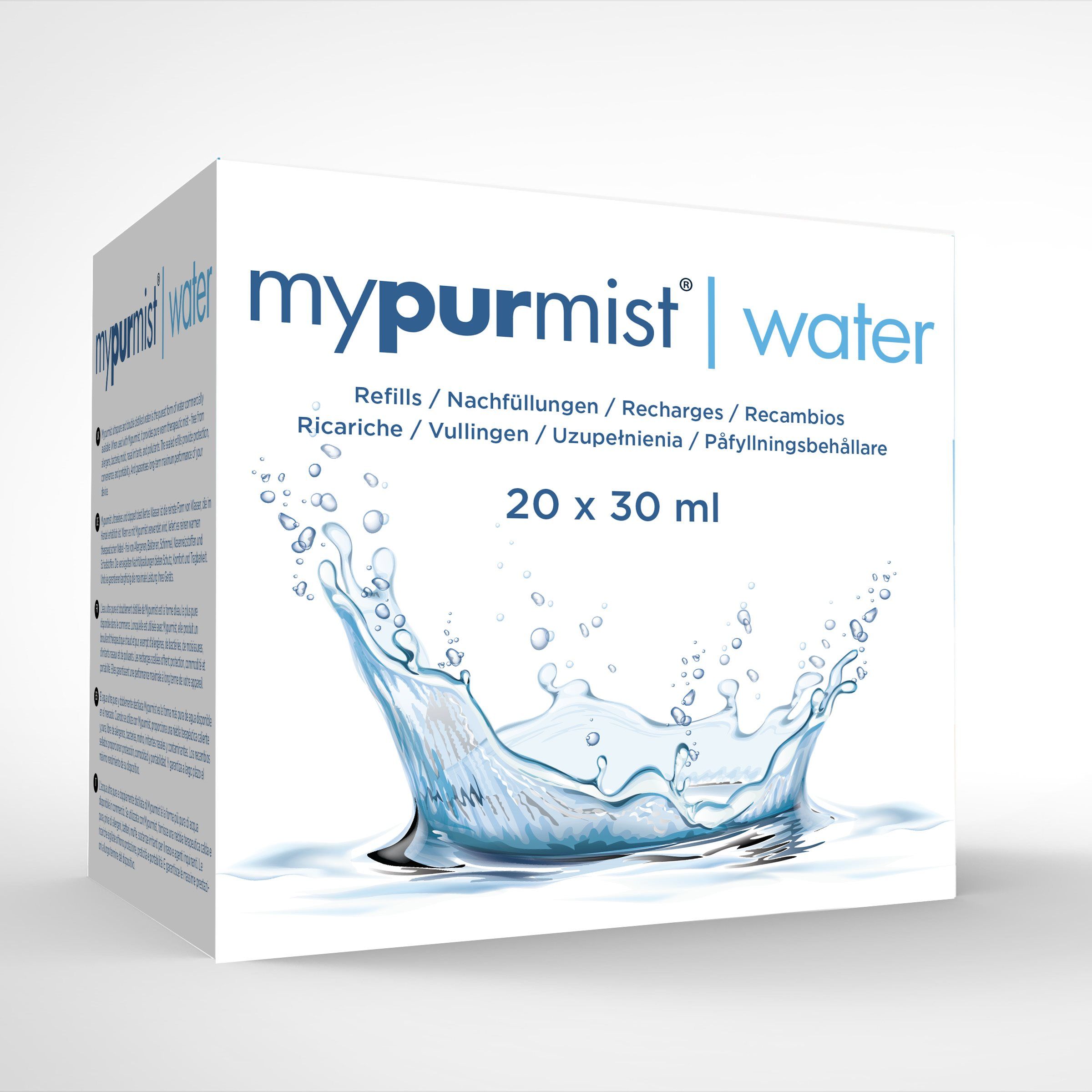 Verpackung mit "mypurmist water"-Nachfüllpackungen. Text: "20 x 30 ml". Wasser-Spritzer-Grafik.