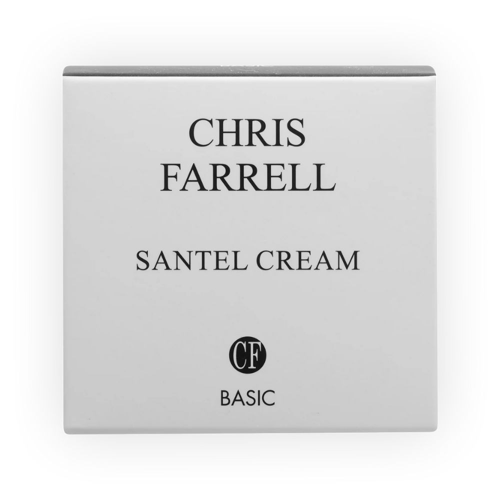 Quadratische, weiße Verpackung. Beschriftung: CHRIS FARRELL, SANTEL CREAM, CF-Logo, BASIC.