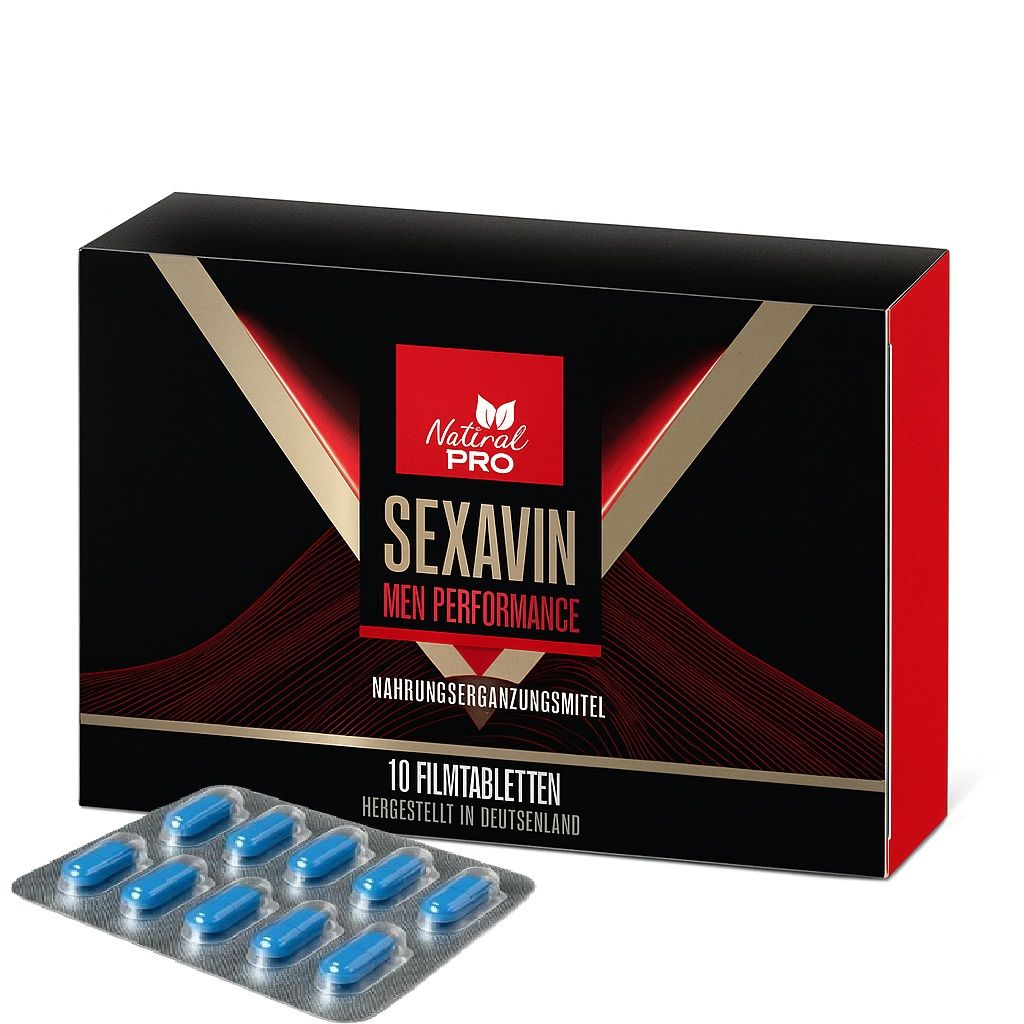 Schachtel mit "SEXAVIN" und Tablettenblister. Blaue Tabletten in Blisterpackung. "10 Filmtabletten".