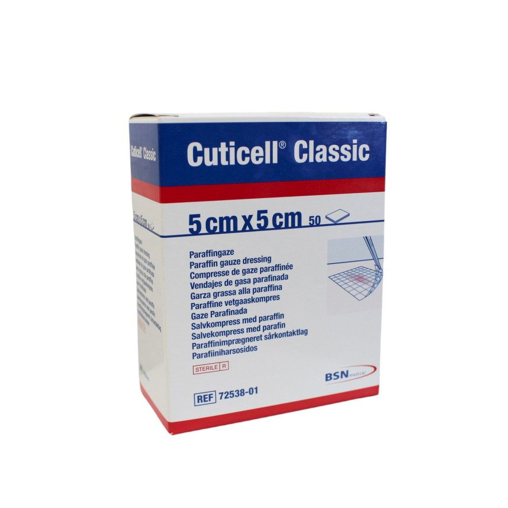Cuticell® Classic Packung. 5 cm x 5 cm, 50 Stück. Blaue und weiße Schachtel mit Produktnamen, Größe und Inhaltsangaben.