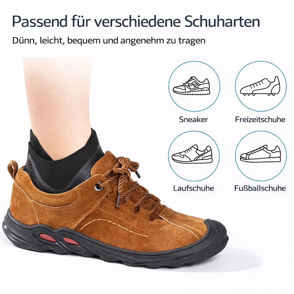 Knöchelbandage am Fuß in verschiedenen Schuhen: Sneaker, Freizeitschuhe, Laufschuhe, Fußballschuhe.