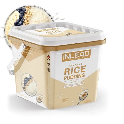 Eimer mit INLEAD Instant Rice Pudding Natural. Weiß-goldene Verpackung mit Produktlogo und Text. Abbildung von Reisbrei mit Beeren.