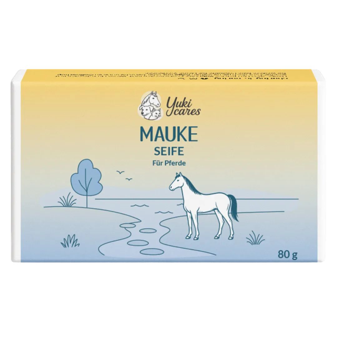 Rechteckige Seife für Pferde. Marke Yuki cares. Text: Mauke Seife. Illustration eines Pferdes. 80g.