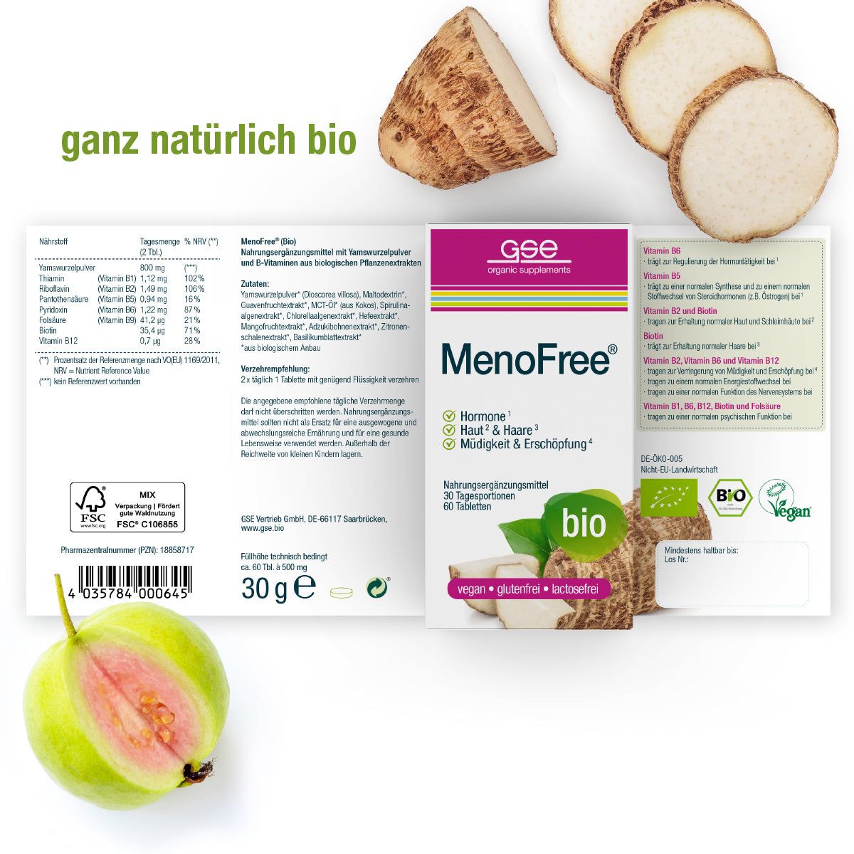 Geöffnete Produktverpackung mit Tablettenflasche. Text: MenoFree, 30 g, 60 Tabletten. Vegan, glutenfrei, laktosefrei. Bio-Siegel. Inhaltsangaben.