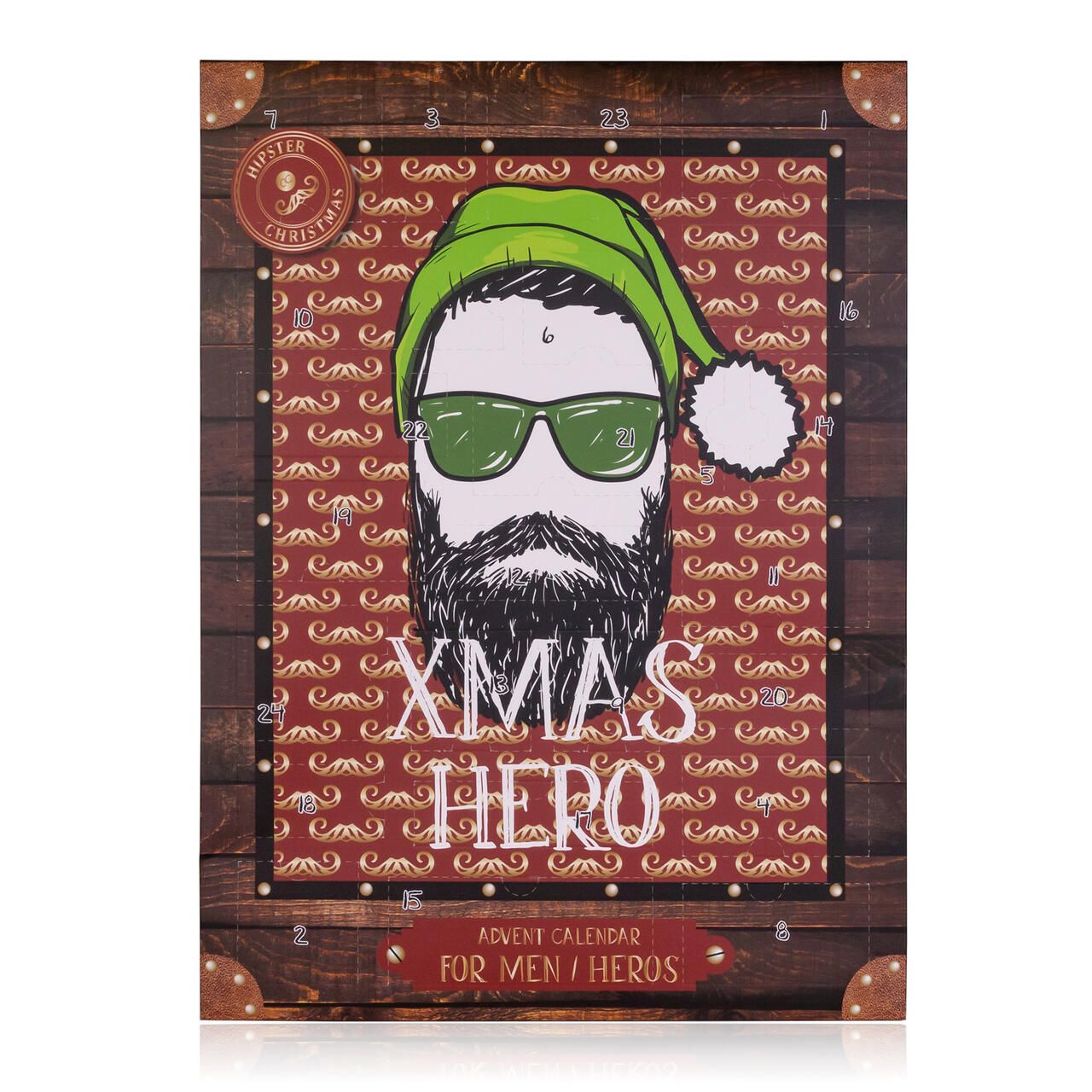 Adventskalender mit Bartträger-Illustration. Roter Hintergrund mit Schnurrbart-Muster. Text: XMAS HERO, Advent Calendar for Men/Heroes.