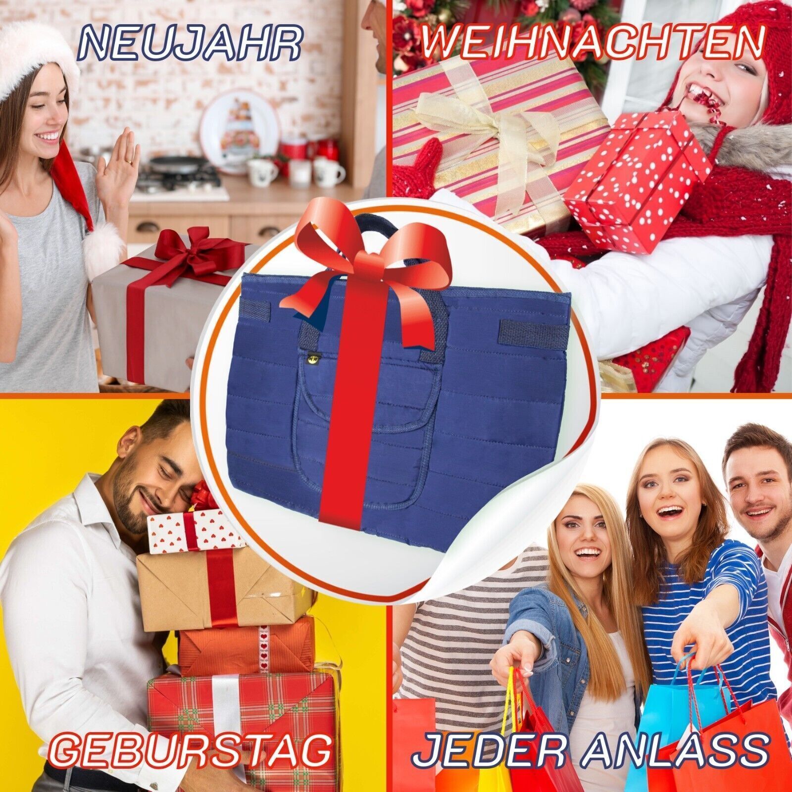 Blaue Tasche als Geschenk für verschiedene Anlässe: Geburtstag, Weihnachten, etc. Mit roter Schleife.