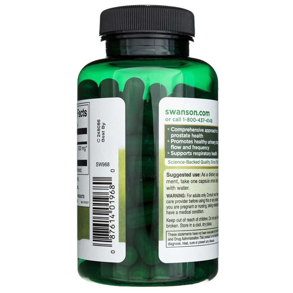 Grüne Flasche mit schwarzen Kapseln und Etiketten, die Swanson.com und Anwendungshinweise zeigen.