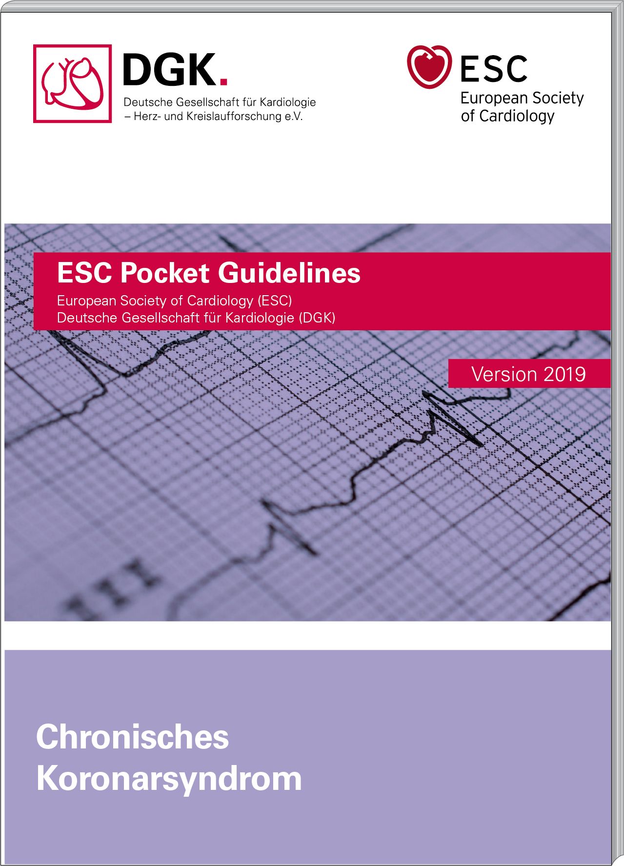 Buchcover mit Logos von DGK und ESC. Titel: ESC Pocket Guidelines. Untertitel: Chronisches Koronarsyndrom. Version 2019.