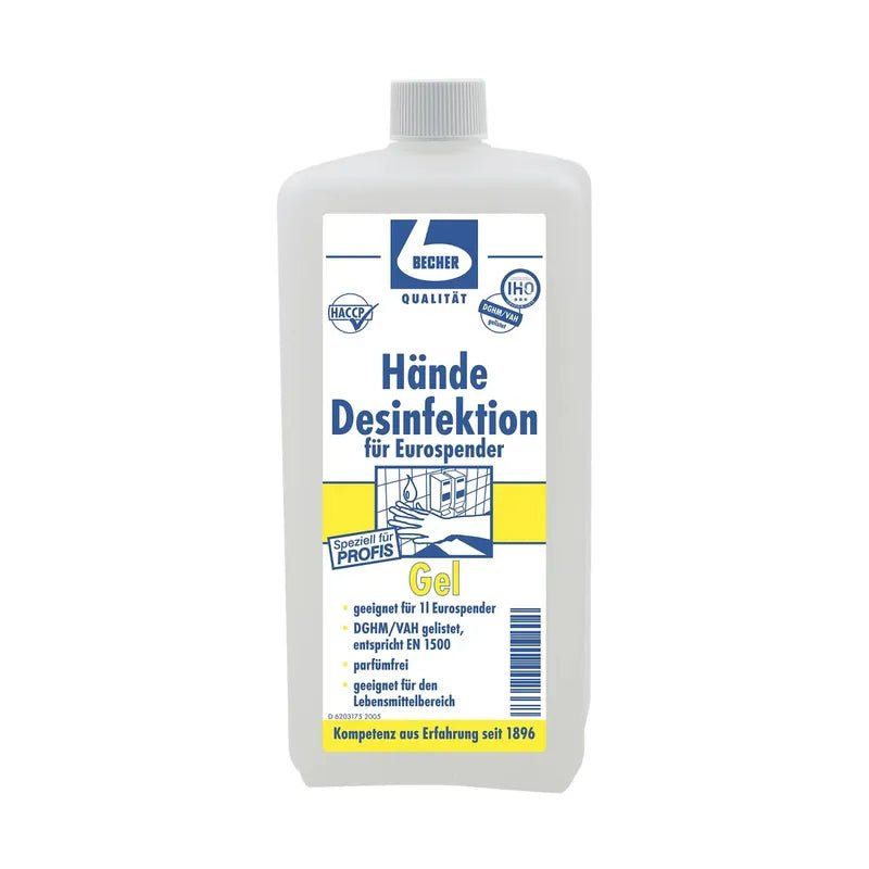 Weiße Flasche mit Schraubverschluss. Aufkleber mit Produktbezeichnung: Hände Desinfektion Gel. Logos und Text in Deutsch.