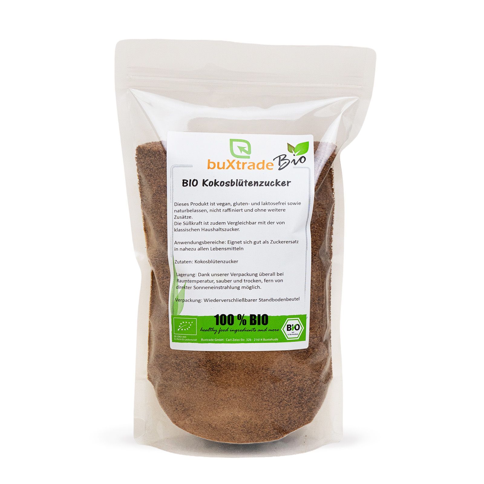 Verpackung mit buxtrade Bio Kokosblütenzucker. Enthält Bio- und Fairtrade-Siegel.