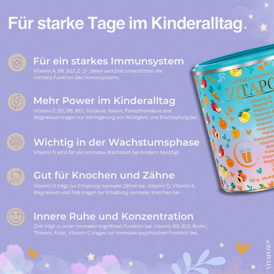 Vitapow Kinder Multivitamin Pulver + Mineralstoffe - Vitamine für Kinder - 30 Portionen
