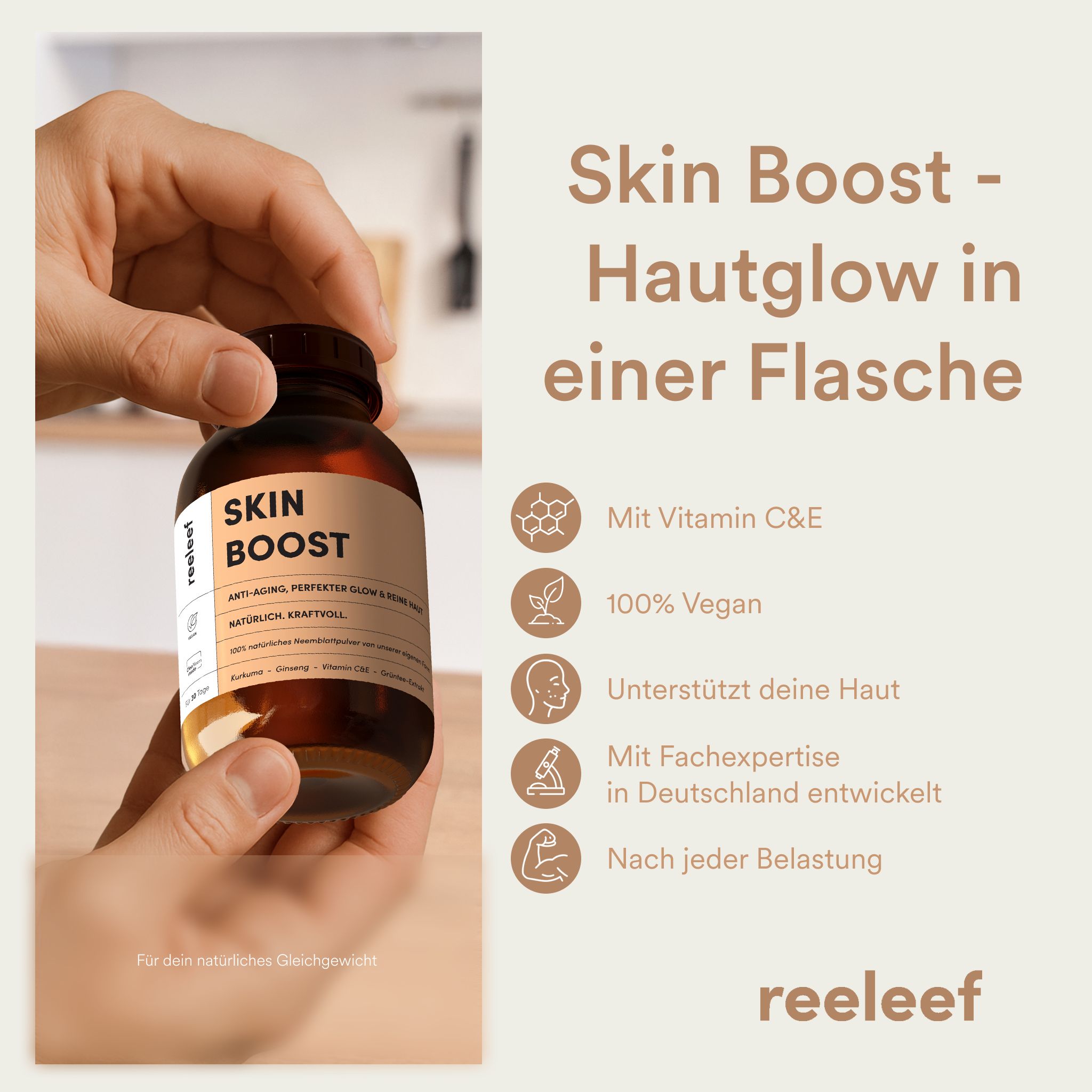 Flasche Skin Boost mit Aufschrift: Hautglow in einer Flasche. Enthält Vitamin C & E, 100% Vegan. Entwickelt in Deutschland.