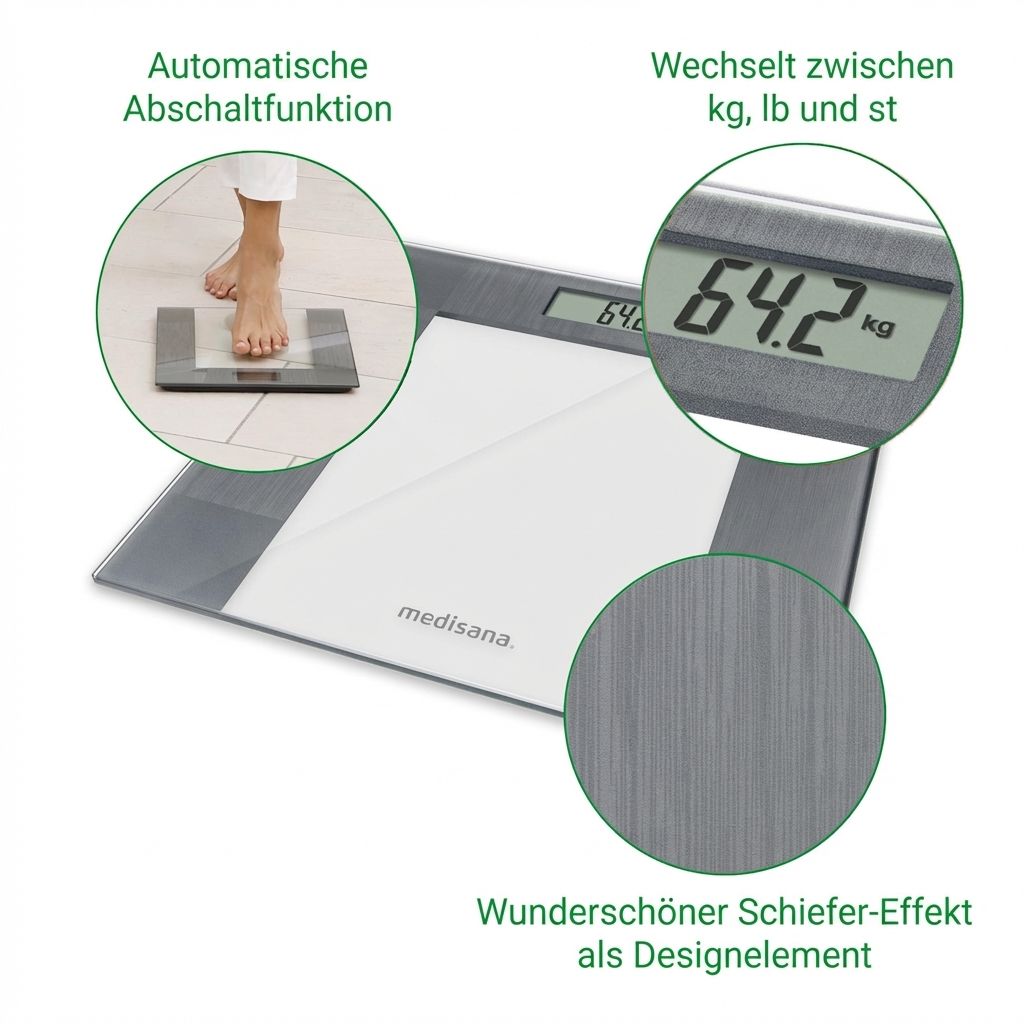 Glaswaage mit LCD-Anzeige, automatische Abschaltung und Schiefer-Effekt.