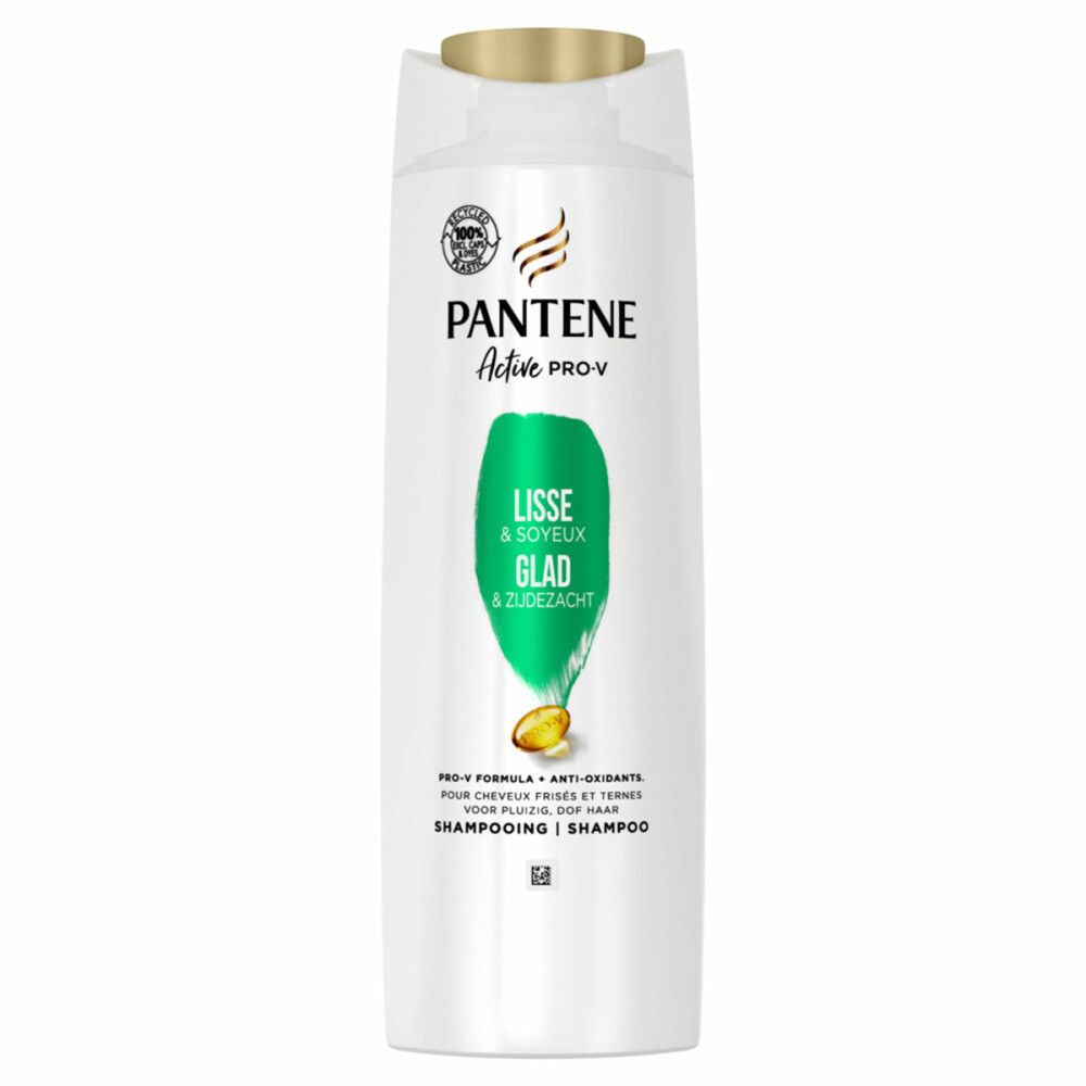 Weiße Shampoo-Flasche mit grünem Etikett. Aufschrift: Pantene Active Pro-V, Lisse & Soyeux Glad. Goldfarbener Verschluss.