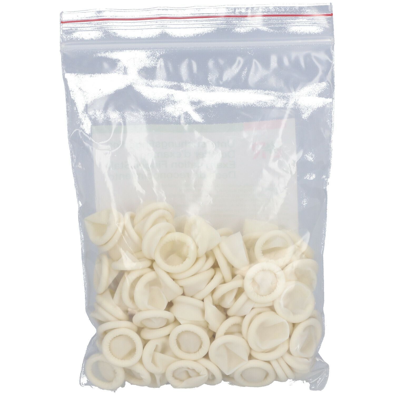 Beutel mit Untersuchungsfingerlingen. Transparente Verpackung, Inhalt sichtbar. Fingerlinge aus Latex, unsteril.