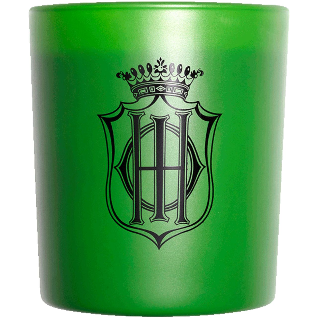 Grüner Kerzenglas mit Logo. Das Logo zeigt ein Wappen mit Krone. Keine weiteren Details sichtbar.