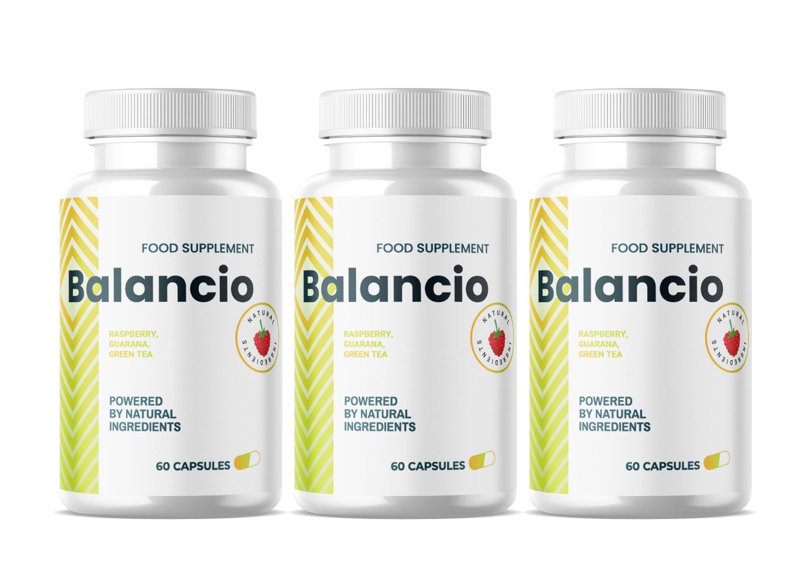 Drei Flaschen Balancio Nahrungsergänzungsmittel. Weiße Flaschen mit 60 Kapseln. Aufschrift: Erdbeere, natürliche Inhaltsstoffe.