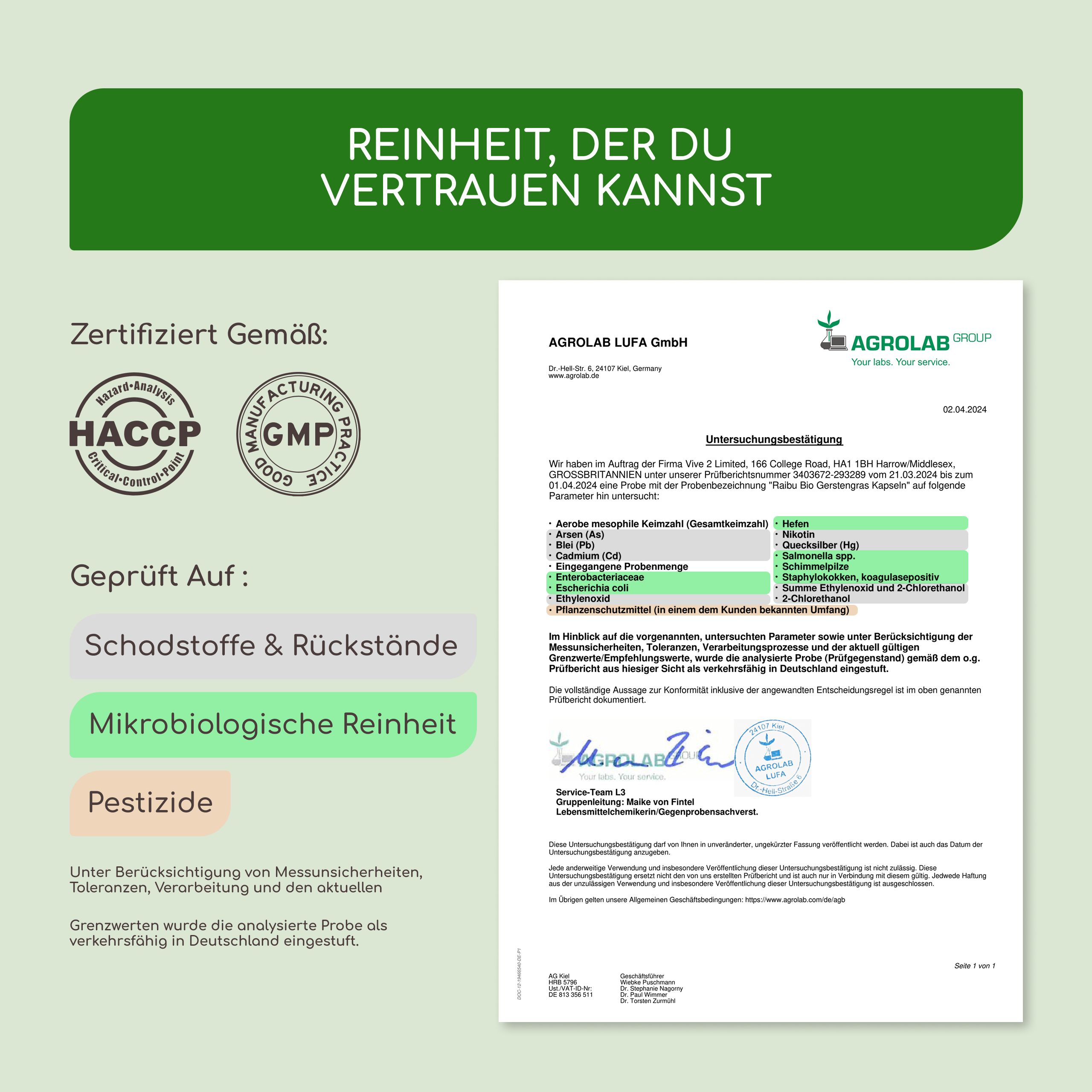 Zertifizierungsdokumente. Text: "REINHEIT, DER DU VERTRAUEN KANNST". Zertifiziert nach HACCP, GMP. Geprüft auf Schadstoffe.