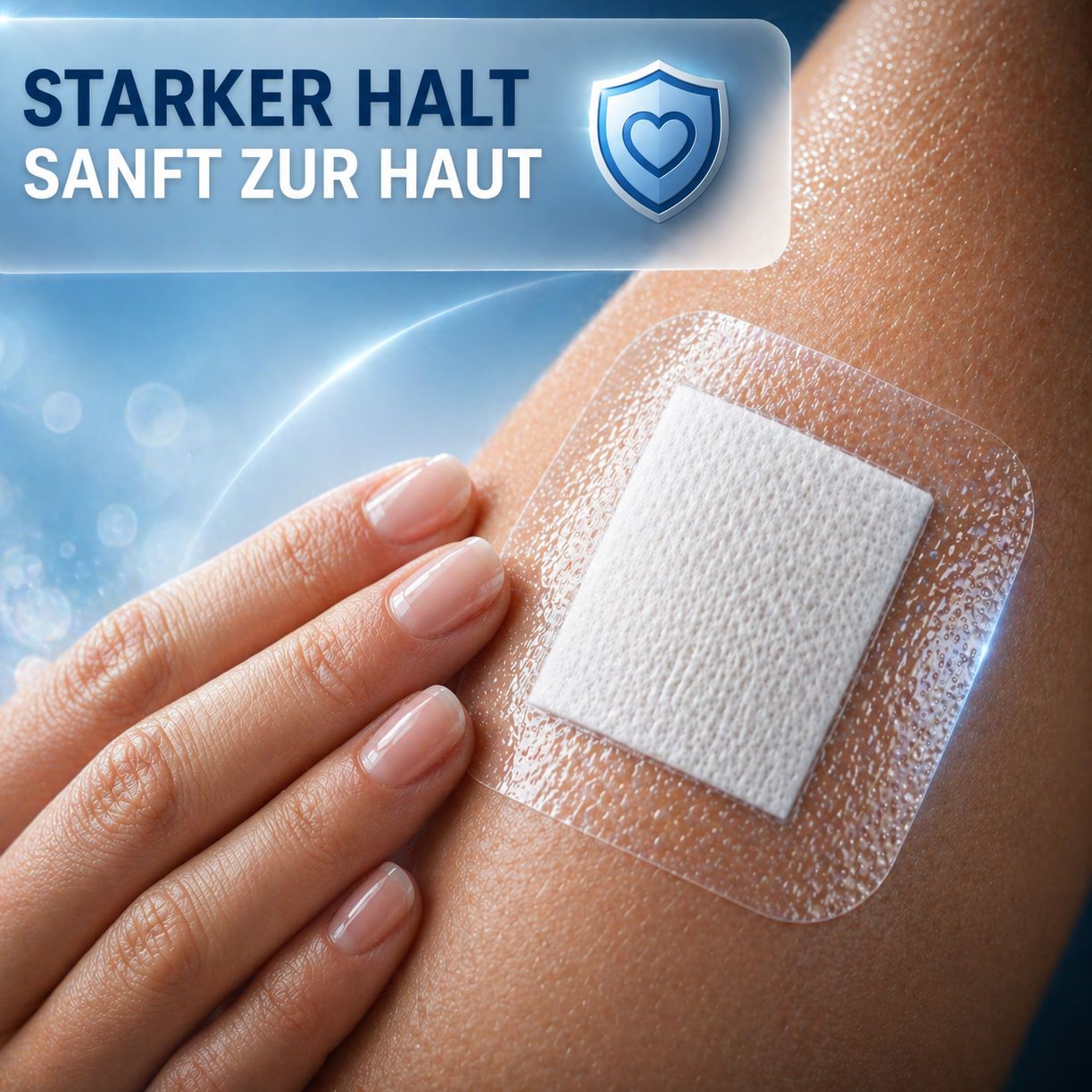 Health Press Pflaster auf einem Arm angewendet, zeigt starken Halt und Hautfreundlichkeit.
