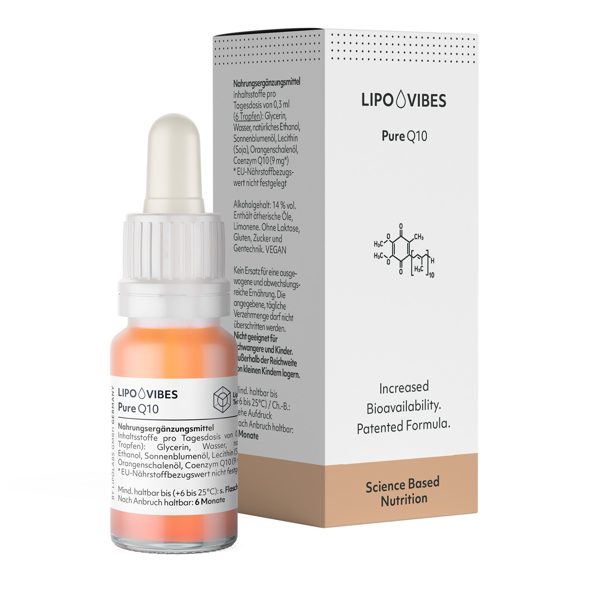 LipoVibes Pure Q10 Flasche und Verpackung. Orange Flüssigkeit in Glasflasche mit Pipette. Verpackung mit Produktinformationen.