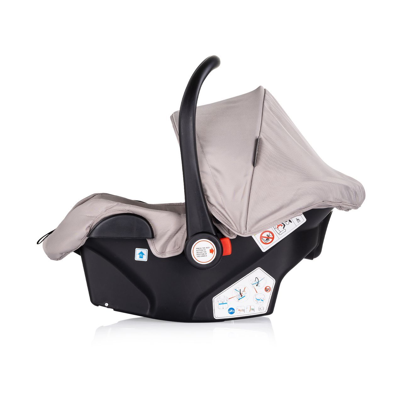 Baby-Autositz in Grau mit schwarzem Gestell und Sonnenschutz.