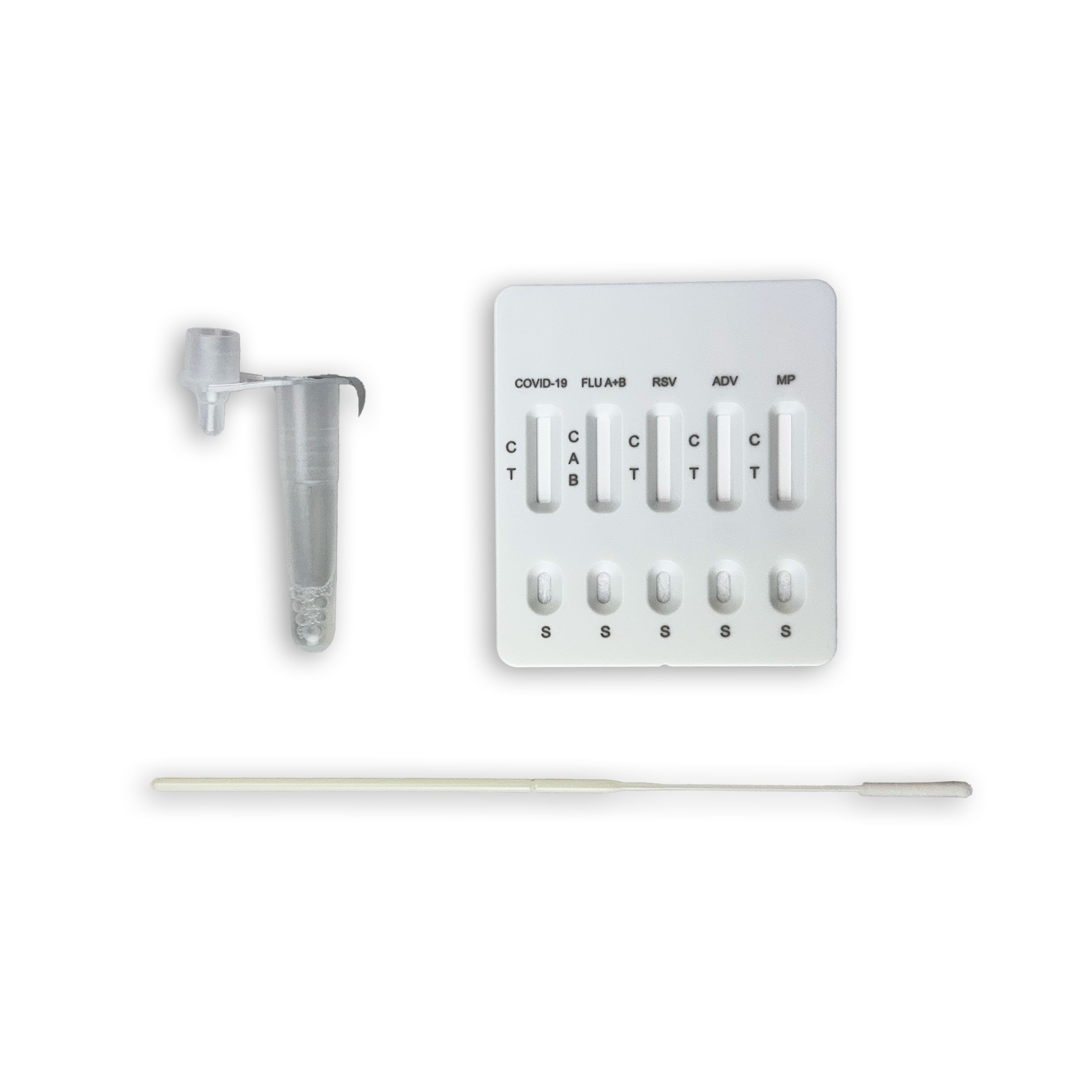 Testkassette, Extraktionsröhrchen und Abstrichtupfer. Die Testkassette zeigt die Ergebnisse für COVID-19, Influenza A/B, RSV, ADV und MP.