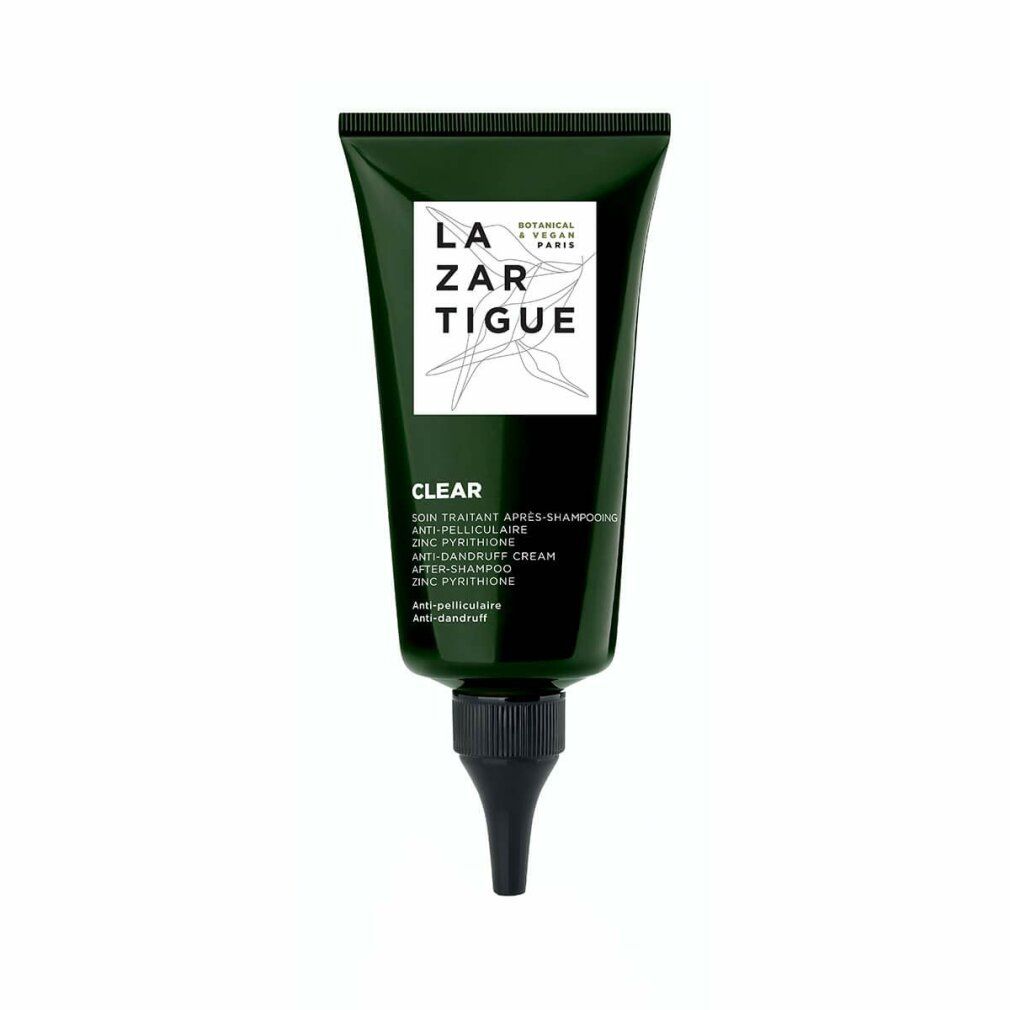 Grüne Tube mit schwarzem Verschluss. Text: CLEAR, Anti-Schuppen-Creme. Logo: LAZARTIGUE, botanisch & vegan.