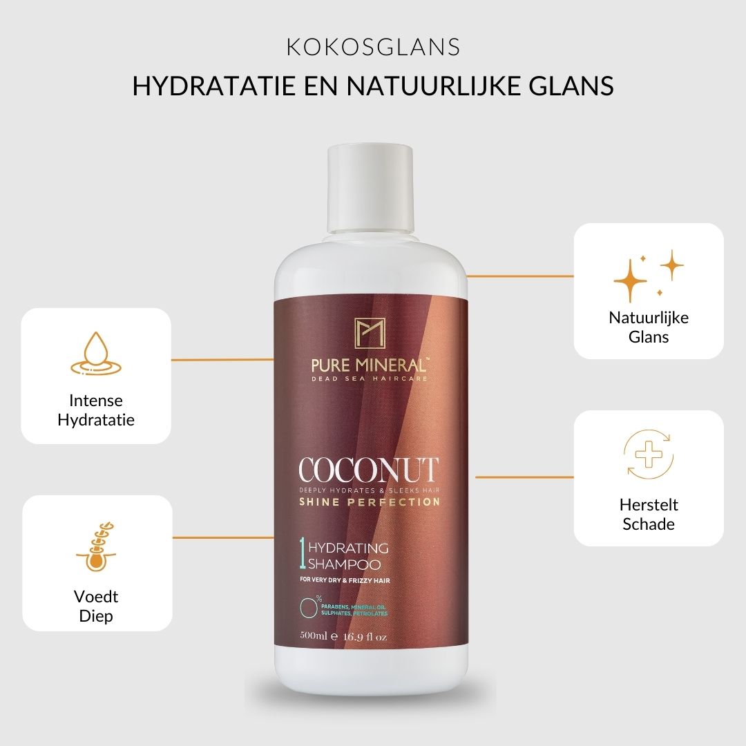 Shampoo fles met bruin etiket. Tekst: Kokosglans, hydratatie en natuurlijke glans.