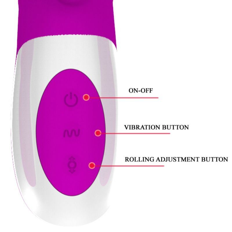Nahaufnahme des Bedienfelds eines Vibrators. Drei Knöpfe: Ein/Aus, Vibration, Rotation. Beschriftung.