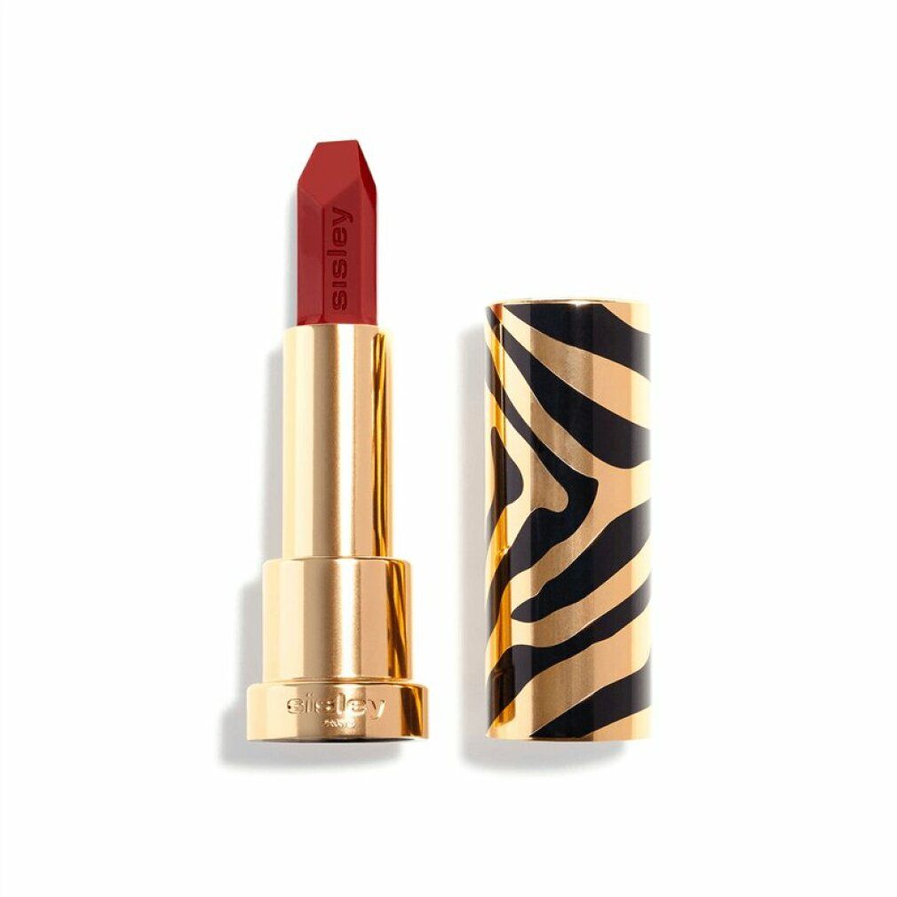 Roter Lippenstift mit goldener Hülse und Zebra-Muster. Marke Sisley. Der Lippenstift ist geöffnet.