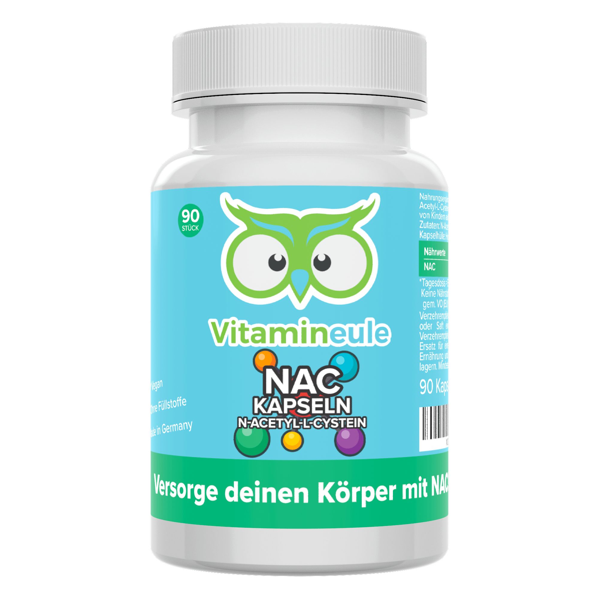 Produktflasche mit 90 Kapseln. Aufschrift: Vitamineule, NAC Kapseln, N-Acetyl-Cystein. Blaue und weiße Verpackung.