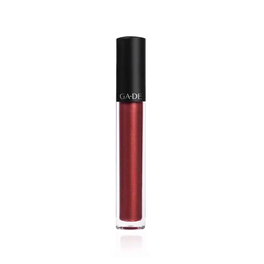 Ga-De Velveteen Matte Lipcolor. Roter Lippenstift in länglicher Flasche mit schwarzem Deckel. Marke Ga-De.