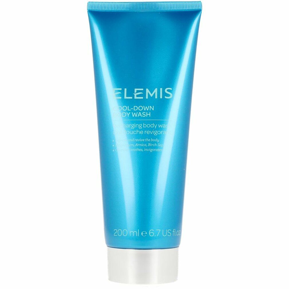Blau-türkisfarbene Tube mit silbernem Verschluss. Aufschrift: Elemis Cool-Down Body Wash. Volumen: 200 ml.