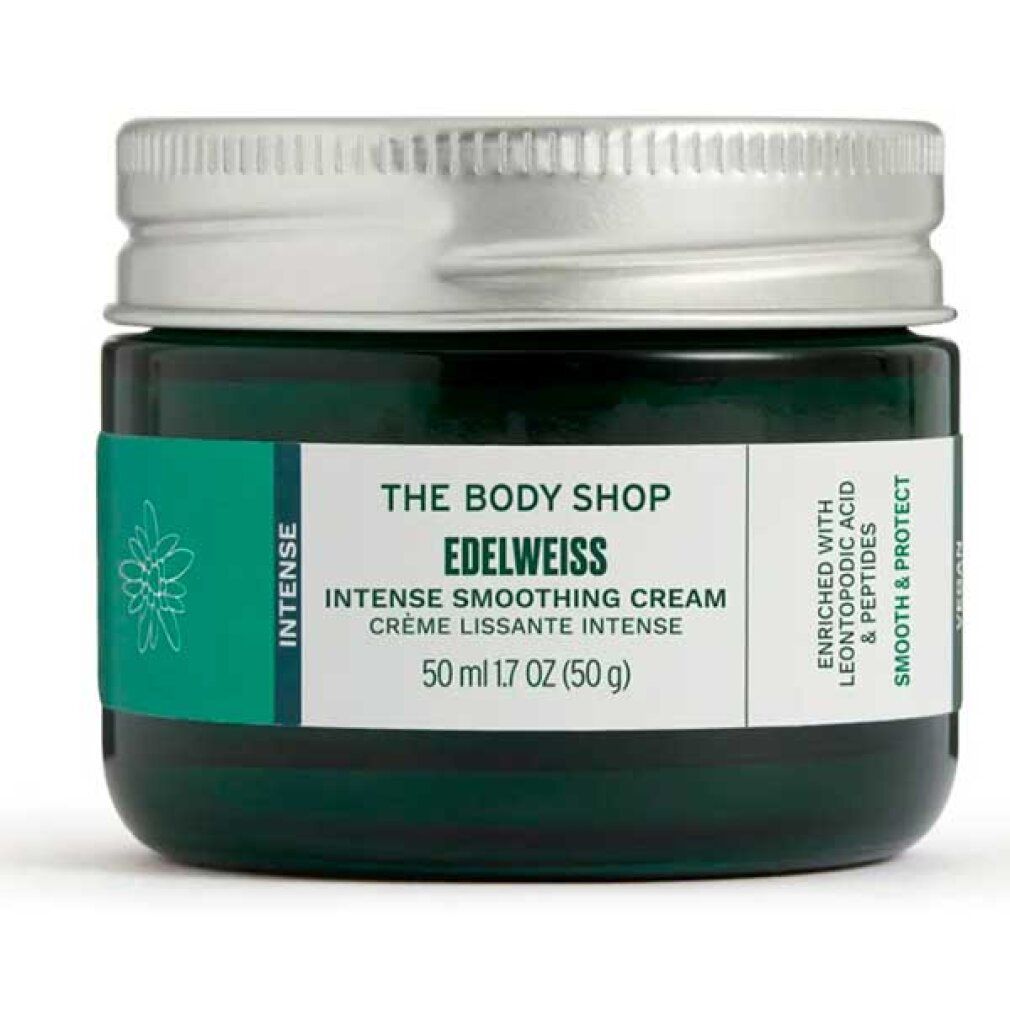 Grünes Glas mit silbernem Deckel. Aufschrift: The Body Shop, Edelweiss, Intense Smoothing Cream. Enthält Leontopodium Acid & Peptide.