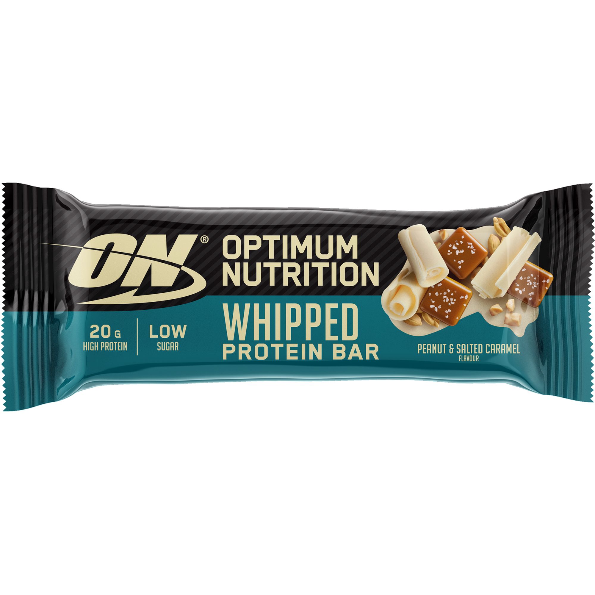 Verpackung eines Proteinriegels. Aufschrift: OPTIMUM NUTRITION, WHIPPED PROTEIN BAR, Erdnuss & gesalzenes Karamell.
