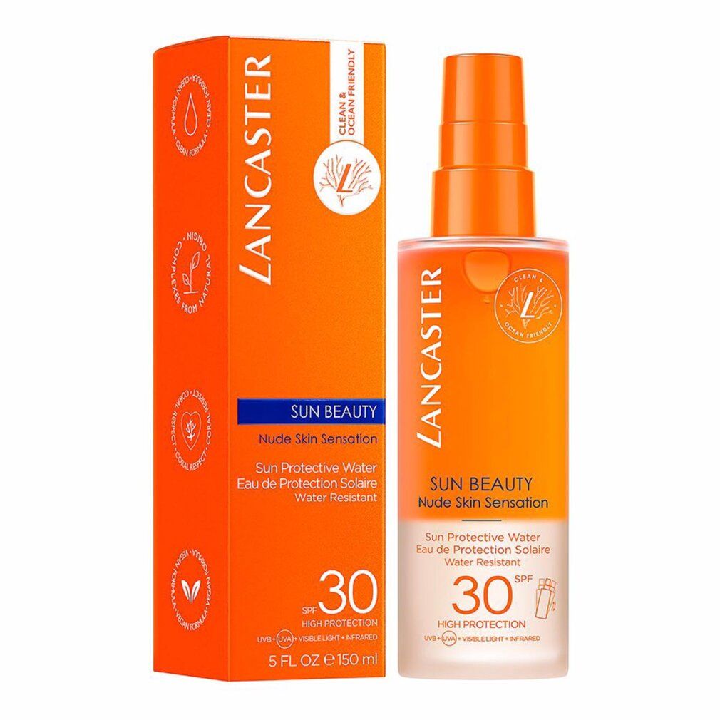 Lancaster Sun Beauty Protective Water SPF30 und Verpackung. Orangefarben. Text: Nude Skin Sensation, SPF 30. Clean & Ocean Friendly.