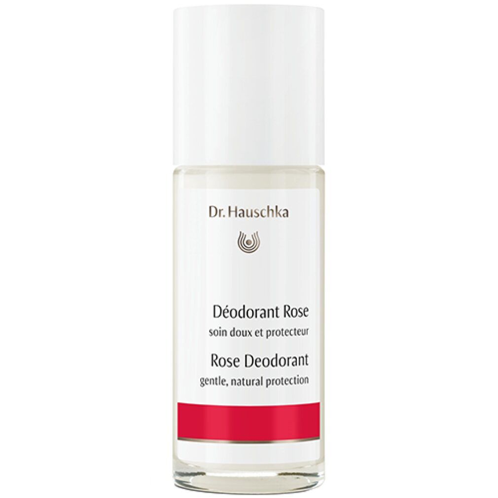 Deodorant-Roller mit weißem Deckel. Aufschrift: Dr. Hauschka, Déodorant Rose, Rose Deodorant. Roter Streifen am unteren Rand.