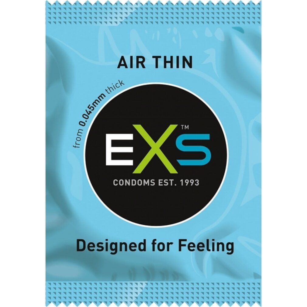 Einzeln verpacktes Kondom. Aufdruck: 'Air Thin' und EXS-Logo. 'Designed for Feeling'.