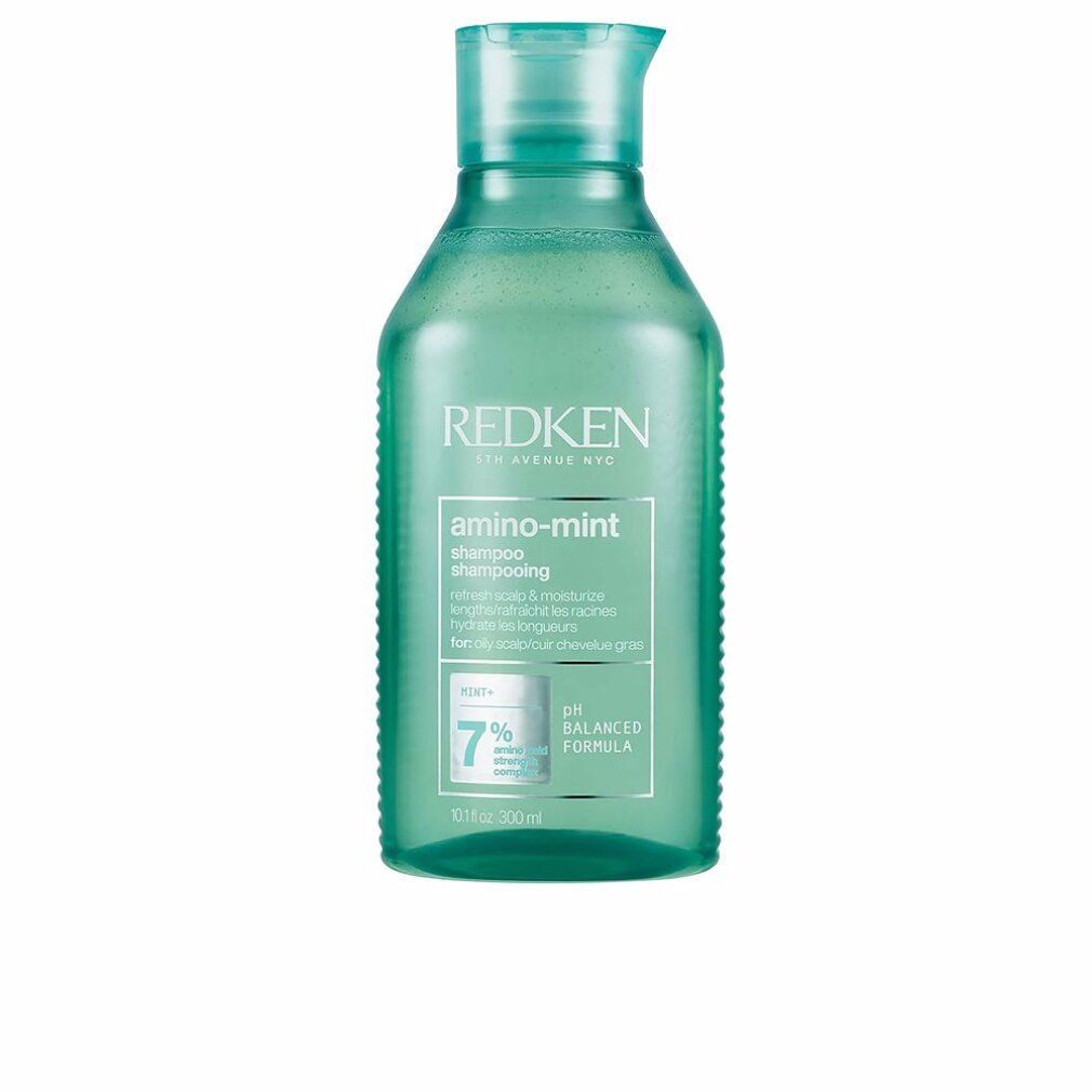 Redken Amino Mint Shampoo. Grüne Flasche mit mintgrünem Deckel. Text: Redken, Amino-Mint, Shampoo. pH-ausgewogene Formel.