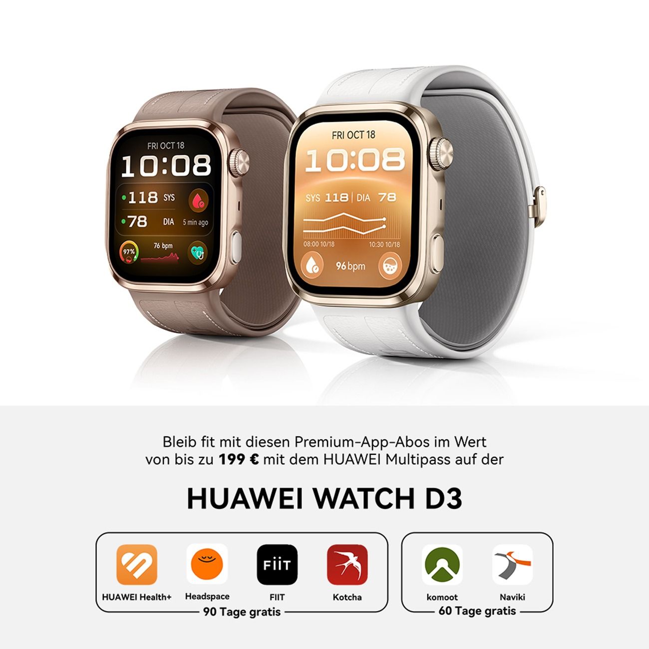Zwei Huawei Watch D3 Smartwatches, eine mit braunem, eine mit weißem Armband.