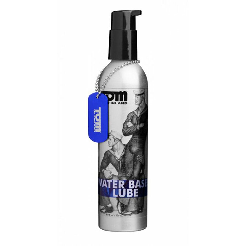 Zylindrische Flasche mit schwarzem Pumpkopf und blauem Anhänger. Aufdruck: Illustrationen, Schriftzug 'WATER BASE LUBE'.