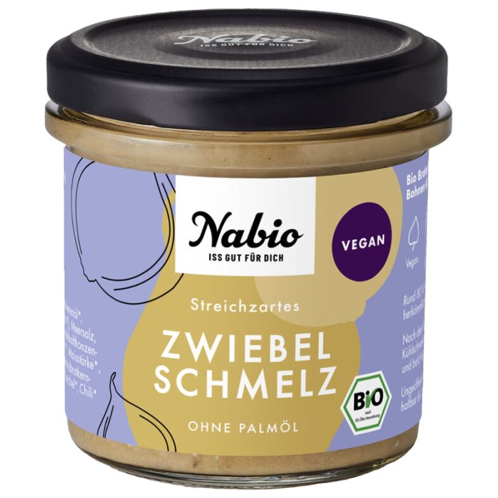 Glas mit Nabio Zwiebel Schmelz. Aufschrift: Vegan, Bio. Ohne Palmöl. Deckel schwarz.